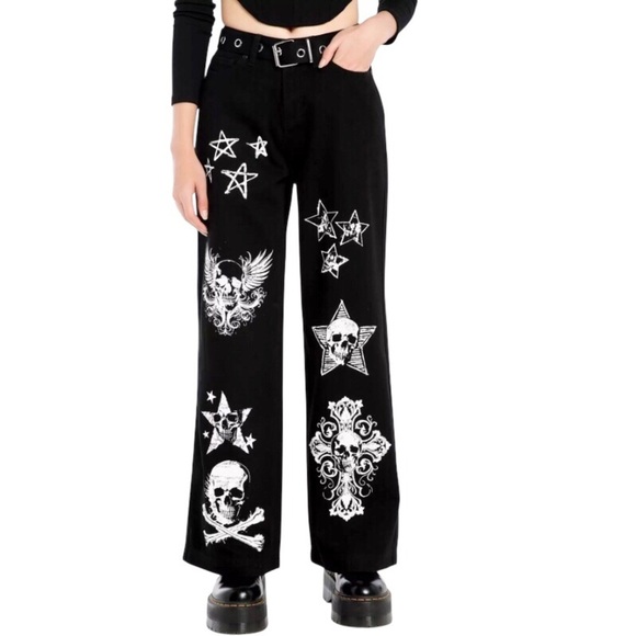 Hot Topic 7 Wide Leg Skull Women’s Jeans High Rise Black Goth Grunge Punk - Picture 1 of 12